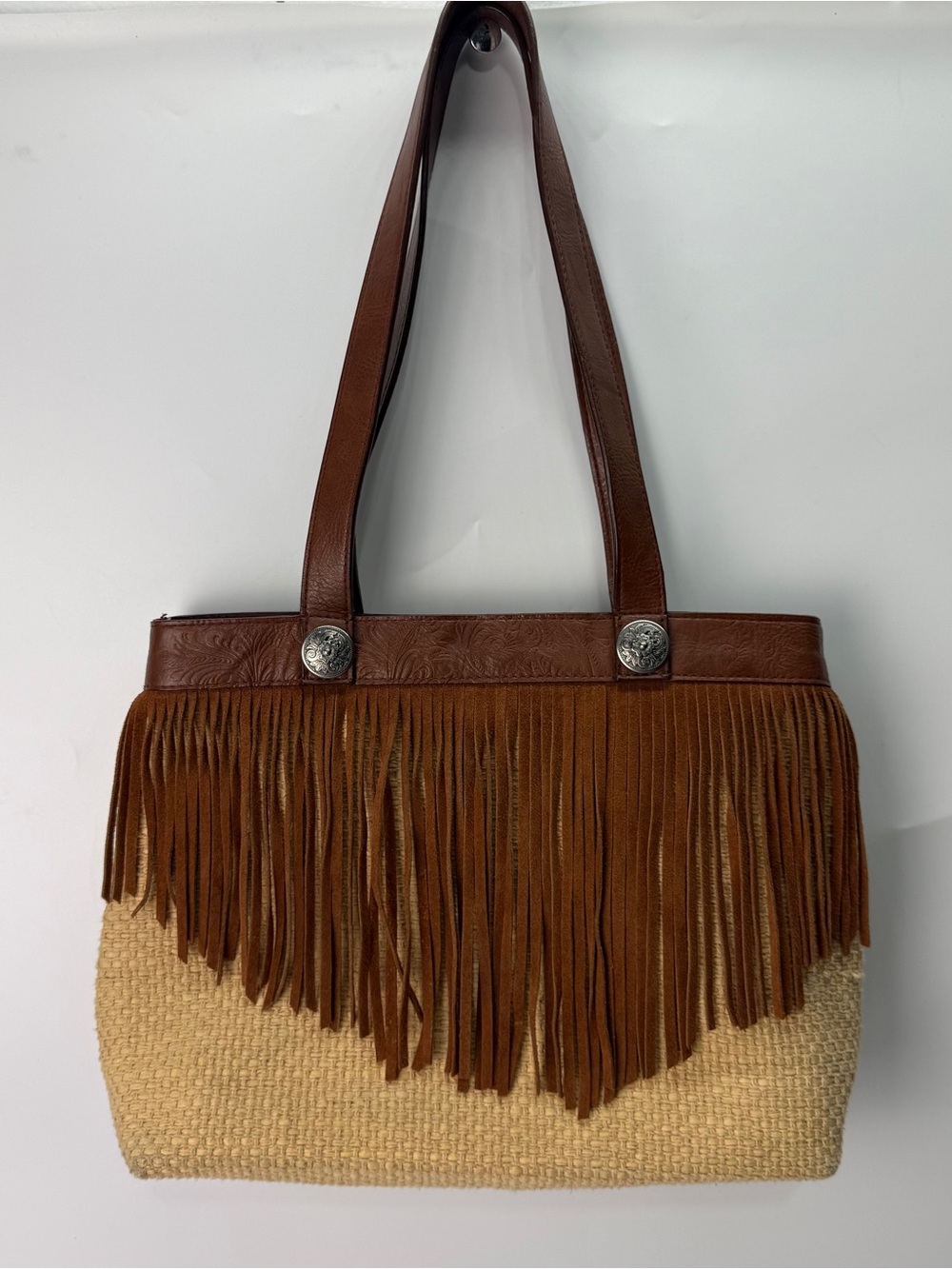 Shyanne Woven Tooled Leather Fringed Trim Purse Handbag Western Cowgirl Rodeo
